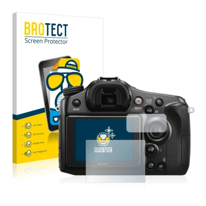 Face avant d’un emballage produit avec le logo de la marque BROTECT. À côté, l’appareil Sony Alpha 68 est représenté avec la p