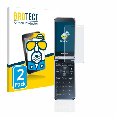 Face avant d’un emballage produit avec le logo de la marque BROTECT. À côté, l’appareil Samsung Galaxy Folder 2 est représenté