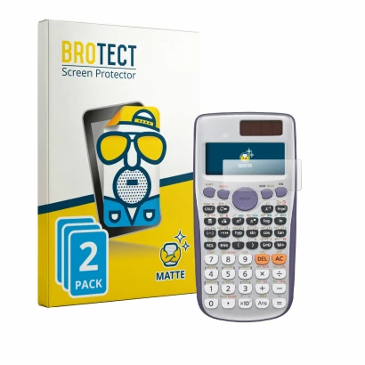 Face avant d’un emballage produit avec le logo de la marque BROTECT. À côté, l’appareil Casio FX-991DE Plus est représenté ave