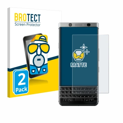 Face avant d’un emballage produit avec le logo de la marque BROTECT. À côté, l’appareil BlackBerry Keyone est représenté avec