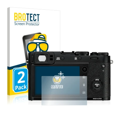 Face avant d’un emballage produit avec le logo de la marque BROTECT. À côté, l’appareil Fujifilm X100F est représenté avec la