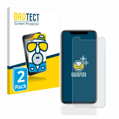 Face avant d’un emballage produit avec le logo de la marque BROTECT. À côté, l’appareil Apple iPhone X est représenté avec la