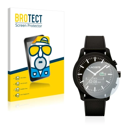 Face avant d’un emballage produit avec le logo de la marque BROTECT. À côté, l’appareil Lacoste 12.12 Contact est représenté a