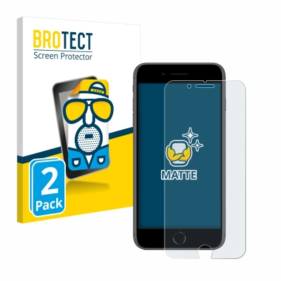 Face avant d’un emballage produit avec le logo de la marque BROTECT. À côté, l’appareil Apple iPhone 8 Plus est représenté ave