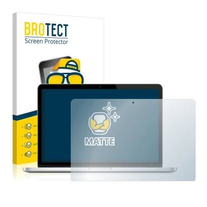 Face avant d’un emballage produit avec le logo de la marque BROTECT. À côté, l’appareil Apple MacBook Pro Retina 13" (Début 20