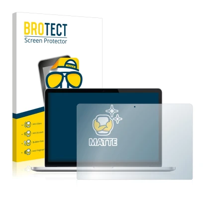 Face avant d’un emballage produit avec le logo de la marque BROTECT. À côté, l’appareil Apple MacBook Pro Retina 15" 2013 est