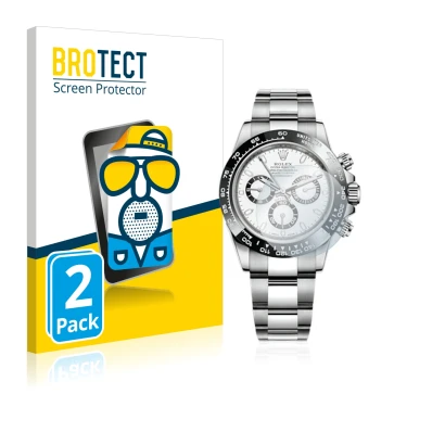 Face avant d’un emballage produit avec le logo de la marque BROTECT. À côté, l’appareil Rolex Cosmograph Daytona (40 mm) est r