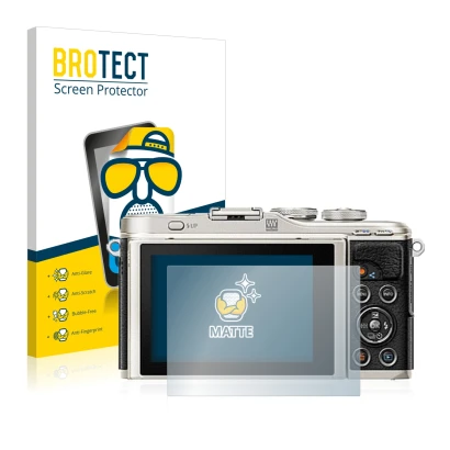 Face avant d’un emballage produit avec le logo de la marque BROTECT. À côté, l’appareil Olympus PEN E-PL9 est représenté avec