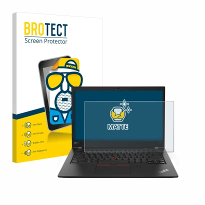 Face avant d’un emballage produit avec le logo de la marque BROTECT. À côté, l’appareil Lenovo ThinkPad T480s est représenté a