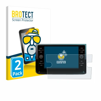 Face avant d’un emballage produit avec le logo de la marque BROTECT. À côté, l’appareil Volkswagen Polo 2018 Composition Media