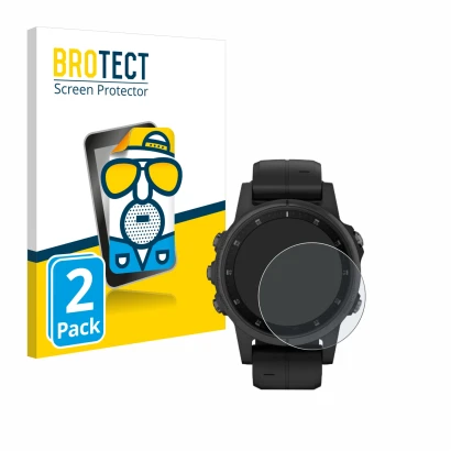 Face avant d’un emballage produit avec le logo de la marque BROTECT. À côté, l’appareil Garmin Fenix 5S Plus (42 mm) est repré