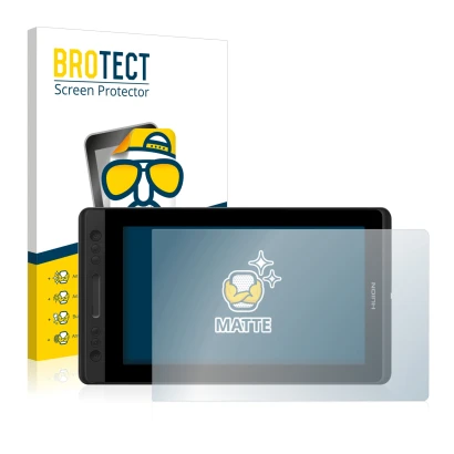 Face avant d’un emballage produit avec le logo de la marque BROTECT. À côté, l’appareil Huion Kamvas Pro 13 est représenté ave