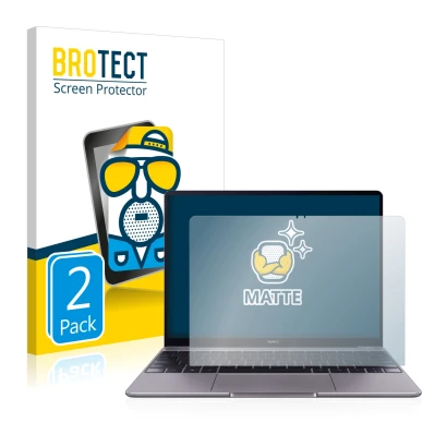 Face avant d’un emballage produit avec le logo de la marque BROTECT. À côté, l’appareil Huawei MateBook 13 2019 est représenté