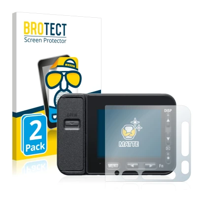 Face avant d’un emballage produit avec le logo de la marque BROTECT. À côté, l’appareil Sony DSC-RX0M2 (RX0 II) est représenté