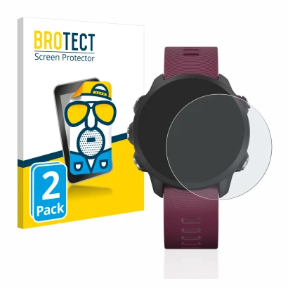 Face avant d’un emballage produit avec le logo de la marque BROTECT. À côté, l’appareil Garmin Forerunner 245 est représenté a