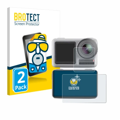 Face avant d’un emballage produit avec le logo de la marque BROTECT. À côté, l’appareil DJI Osmo Action est représenté avec la