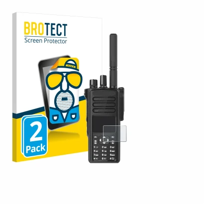 Face avant d’un emballage produit avec le logo de la marque BROTECT. À côté, l’appareil Motorola DP4801e est représenté avec l