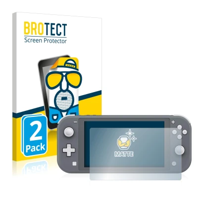 Face avant d’un emballage produit avec le logo de la marque BROTECT. À côté, l’appareil Nintendo Switch Lite est représenté av