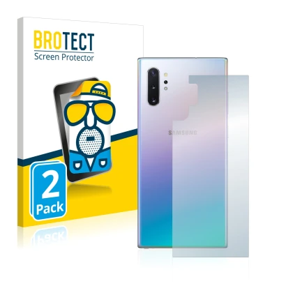 Face avant d’un emballage produit avec le logo de la marque BROTECT. À côté, l’appareil Samsung Galaxy Note 10 Plus (Arrière) 
