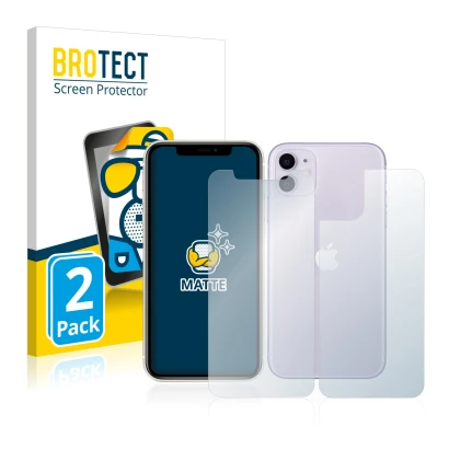 Face avant d’un emballage produit avec le logo de la marque BROTECT. À côté, l’appareil Apple iPhone 11 (Avant+Arrière) est re