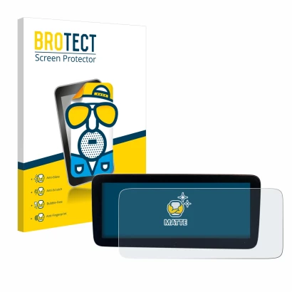 Face avant d’un emballage produit avec le logo de la marque BROTECT. À côté, l’appareil Mercedes-Benz Actros 2019 Cockpit 12" 