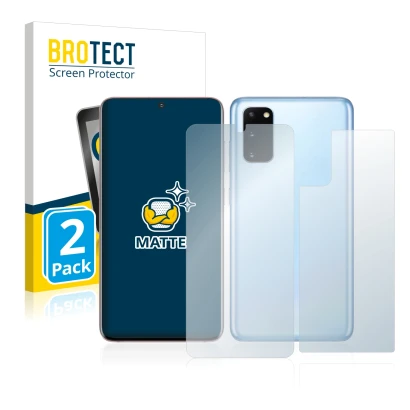 Face avant d’un emballage produit avec le logo de la marque BROTECT. À côté, l’appareil Samsung Galaxy S20 (Avant+Arrière) est