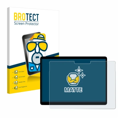 Face avant d’un emballage produit avec le logo de la marque BROTECT. À côté, l’appareil Microsoft Surface Pro X est représenté