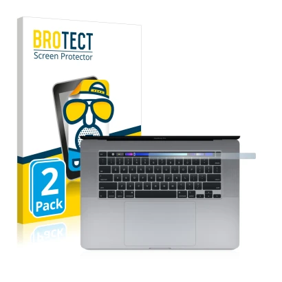 Face avant d’un emballage produit avec le logo de la marque BROTECT. À côté, l’appareil Apple MacBook Pro 16" 2019 (Touch Bar 