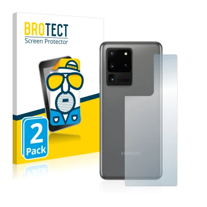Face avant d’un emballage produit avec le logo de la marque BROTECT. À côté, l’appareil Samsung Galaxy S20 Ultra (Arrière) est