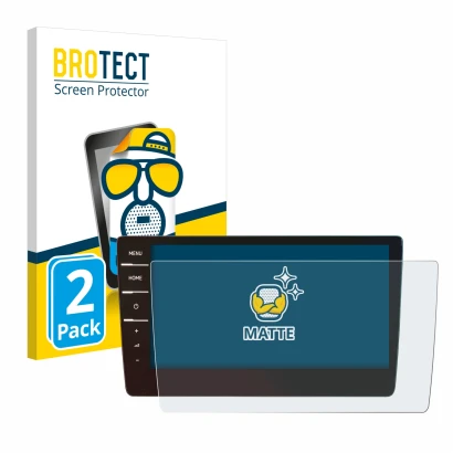 Face avant d’un emballage produit avec le logo de la marque BROTECT. À côté, l’appareil Volkswagen Touran 2019 Discover Pro 9.