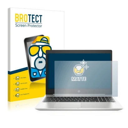 Face avant d’un emballage produit avec le logo de la marque BROTECT. À côté, l’appareil HP ProBook 450 G6 est représenté avec