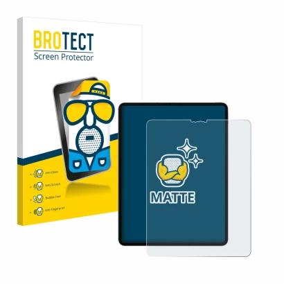 Face avant d’un emballage produit avec le logo de la marque BROTECT. À côté, l’appareil Apple iPad 12.9" Pro 2020 (4ème Gen.) 