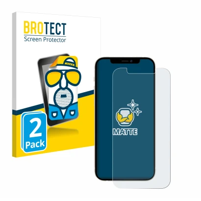 Face avant d’un emballage produit avec le logo de la marque BROTECT. À côté, l’appareil Apple iPhone 12 est représenté avec la