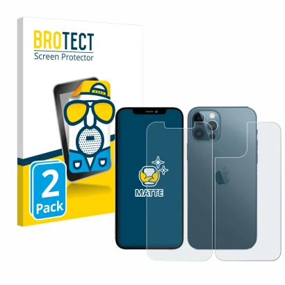 Face avant d’un emballage produit avec le logo de la marque BROTECT. À côté, l’appareil Apple iPhone 12 Pro Max (Avant+Arrière