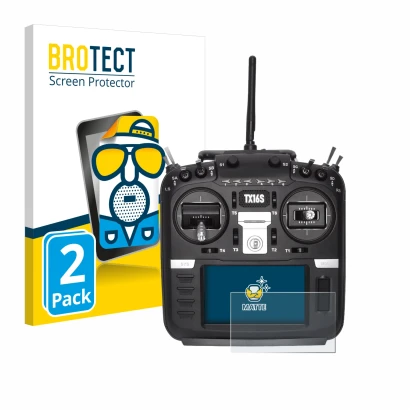 Face avant d’un emballage produit avec le logo de la marque BROTECT. À côté, l’appareil Radiomaster TX16S est représenté avec