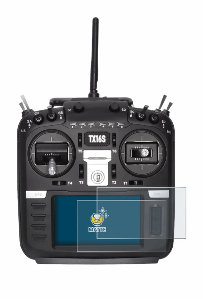 Image de l'appareil Radiomaster TX16S avec une grande variété de protections d'écran.