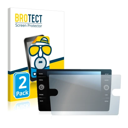 Face avant d’un emballage produit avec le logo de la marque BROTECT. À côté, l’appareil Volkswagen Tiguan Discover Media 8" 20