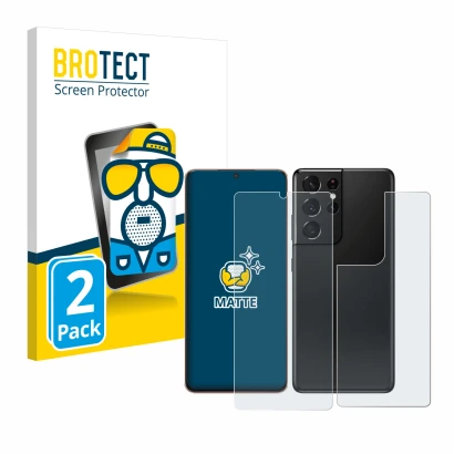 Face avant d’un emballage produit avec le logo de la marque BROTECT. À côté, l’appareil Samsung Galaxy S21 Ultra 5G (Avant+Arr