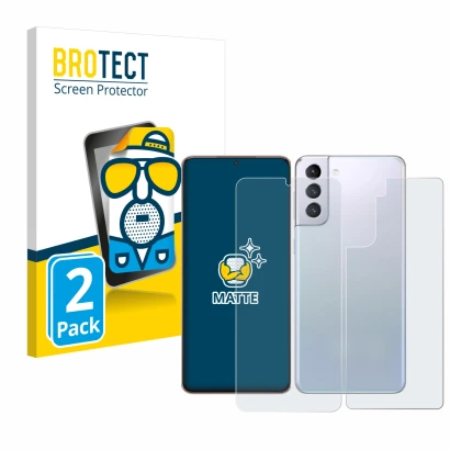 Face avant d’un emballage produit avec le logo de la marque BROTECT. À côté, l’appareil Samsung Galaxy S21 Plus 5G (Avant+Arri