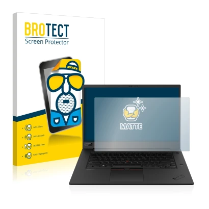 Face avant d’un emballage produit avec le logo de la marque BROTECT. À côté, l’appareil Lenovo ThinkPad P1 Gen 3 est représent