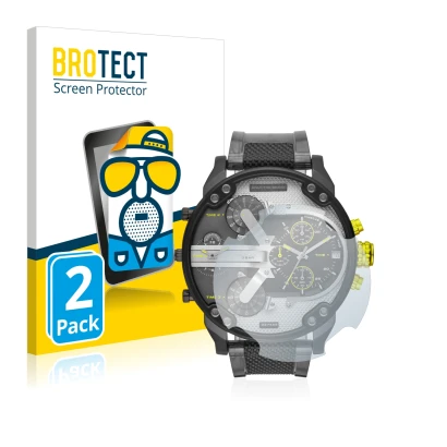 Face avant d’un emballage produit avec le logo de la marque BROTECT. À côté, l’appareil Diesel DZ7422 Mr. Daddy 2.0 est représ