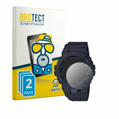 Face avant d’un emballage produit avec le logo de la marque BROTECT. À côté, l’appareil Casio G-Shock GBA800 est représenté av