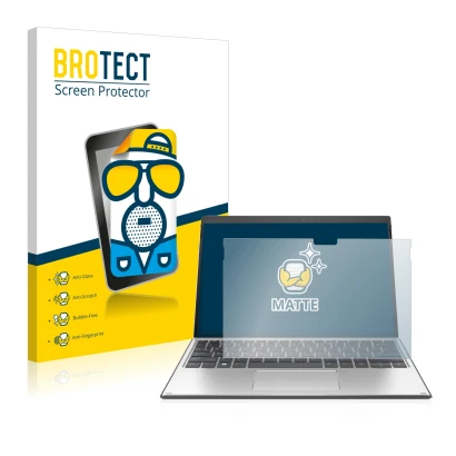 Face avant d’un emballage produit avec le logo de la marque BROTECT. À côté, l’appareil HP Elite x2 G8 est représenté avec la 