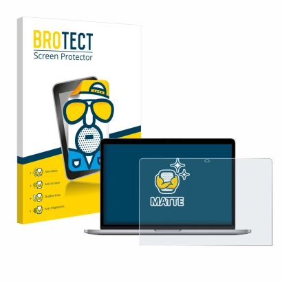 Face avant d’un emballage produit avec le logo de la marque BROTECT. À côté, l’appareil Apple MacBook Pro M1 13" 2020 est repr