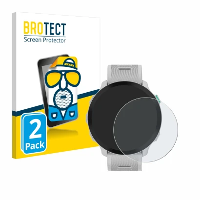 Face avant d’un emballage produit avec le logo de la marque BROTECT. À côté, l’appareil Garmin Forerunner 55 est représenté av