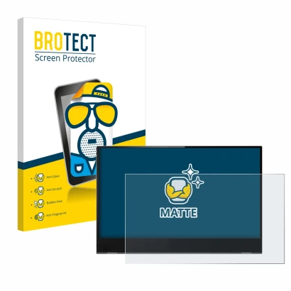Face avant d’un emballage produit avec le logo de la marque BROTECT. À côté, l’appareil Lenovo ThinkVision M14t est représenté