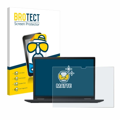 Face avant d’un emballage produit avec le logo de la marque BROTECT. À côté, l’appareil Lenovo ThinkPad X13 Yoga Gen 2 est rep