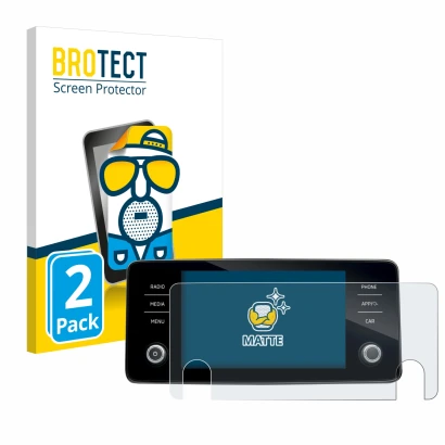 Face avant d’un emballage produit avec le logo de la marque BROTECT. À côté, l’appareil Skoda Bolero 2020 Infotainment System 