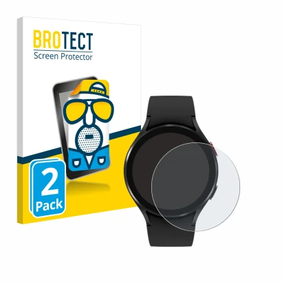 Face avant d’un emballage produit avec le logo de la marque BROTECT. À côté, l’appareil Samsung Galaxy Watch 4 (44mm) est repr