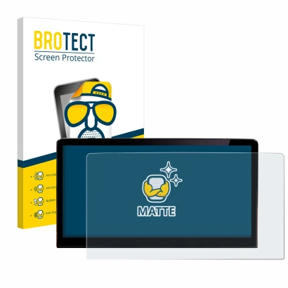 Face avant d’un emballage produit avec le logo de la marque BROTECT. À côté, l’appareil Skoda Enyaq iV 80 2021 Infotainment Sy